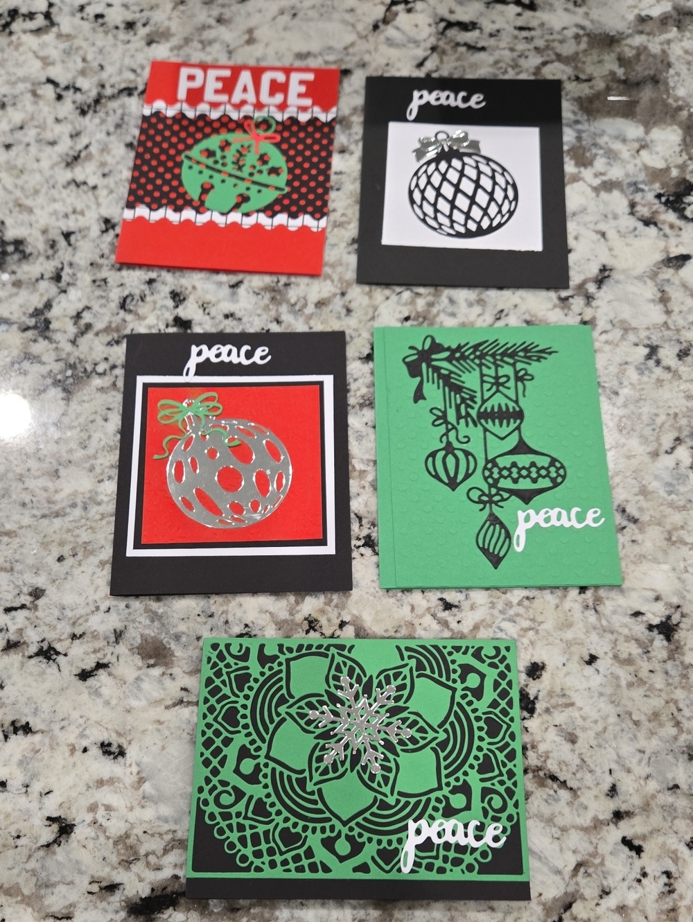 Hand Created Holiday 'Peace' Card Set Of 5 in Green, Red, Black